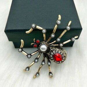 Exquisite Vintage Style Red Faceted Rhinestone And Pearl • Spider Brooch